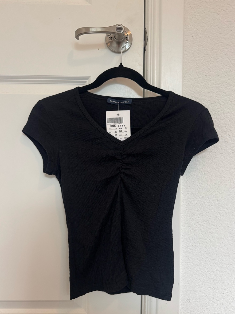 BRAND NEW- Brandy Melville Black Ruched V-Neck Short Sleeve Tee